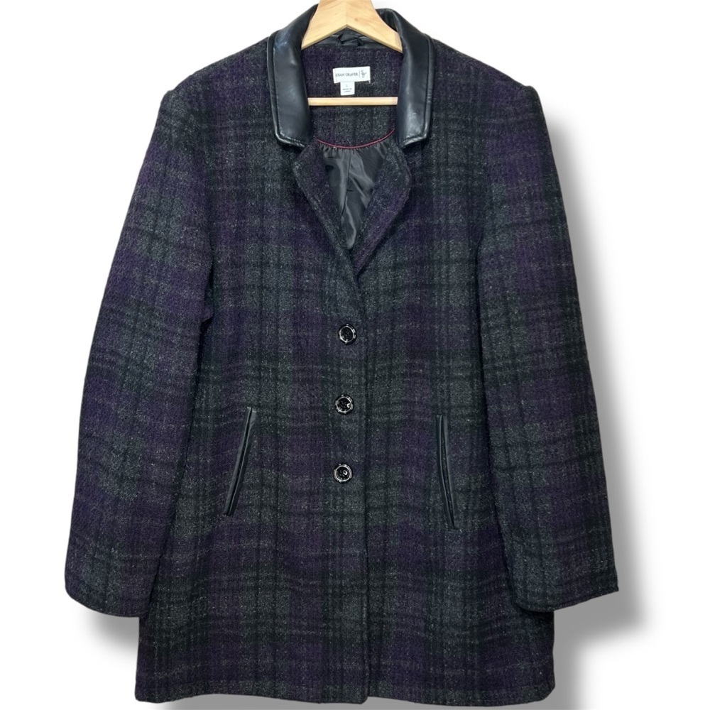 Susan Graver Women's L Plaid Faux Leather Collar Wool Blend Coat‎ Jacket Purple